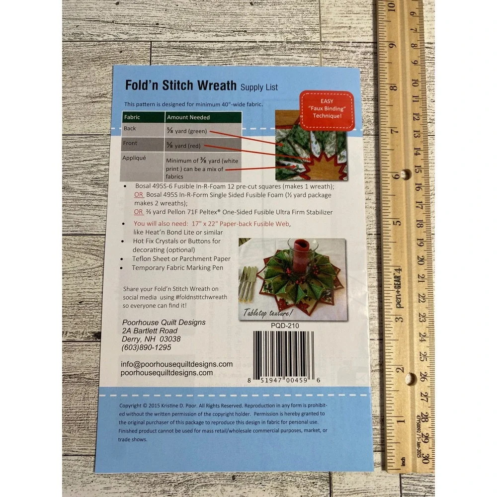 Fold'n Stitch‎ Wreath  2015 Quilting Pattern PQD-210 Table Topper